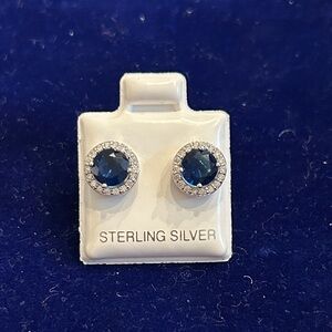 Sterling Silver Blue sapphire Stud‎ halo Earrings